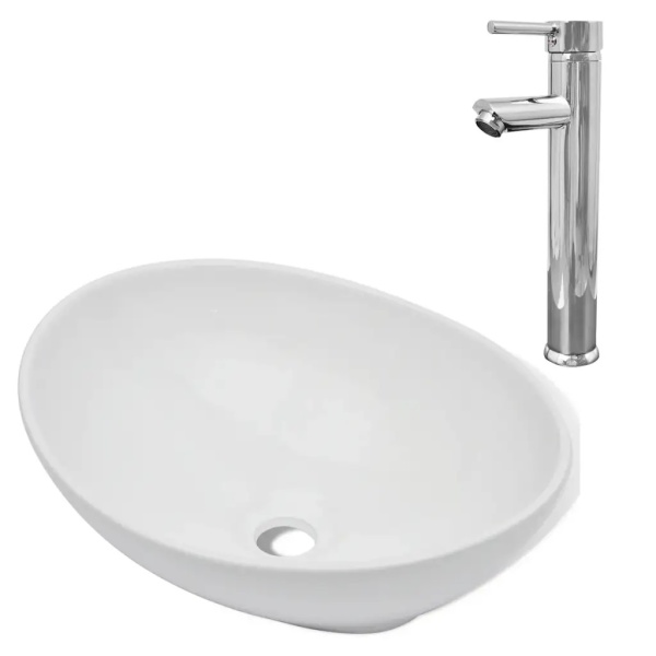 Chiuvetă De Baie Cu Robinet Mixer Ceramică Oval Alb 275497